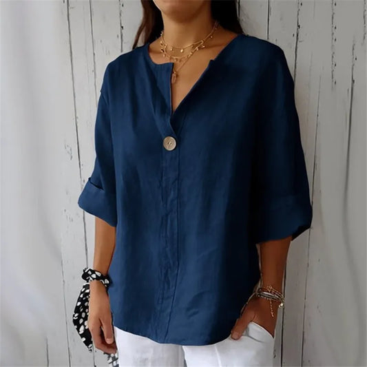 Summer Cotton Linen Blouses For Women 2025 Plus Size V-Neck Button Tee Shirts Casual Half Sleeve Black Tops Loose Women T Shirt