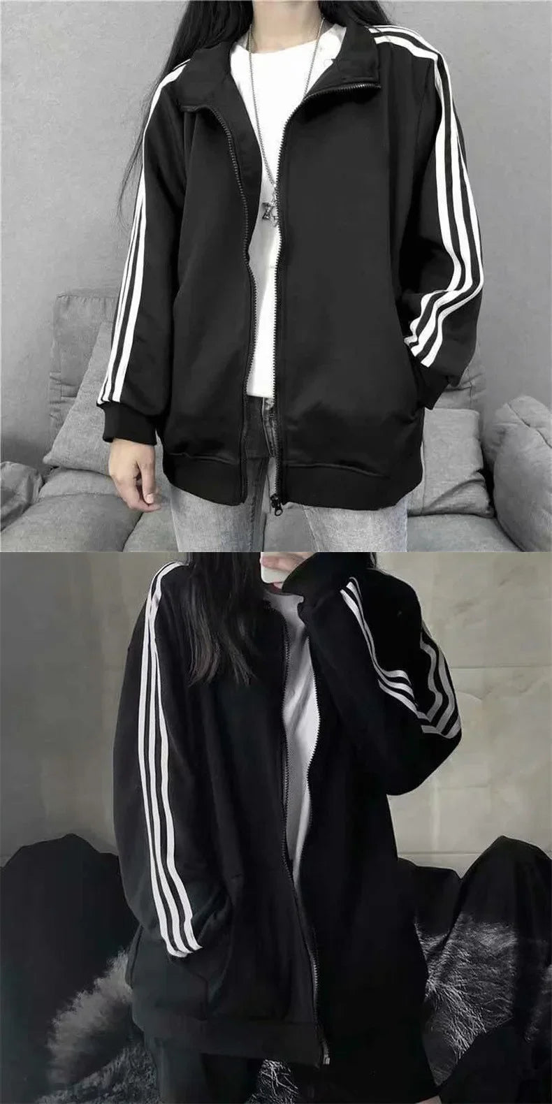 Spring Summer New Three Bars Jacket Women's Loose Thin Baseball Uniform Black Korean Style Student Fashion Outerwear Coat