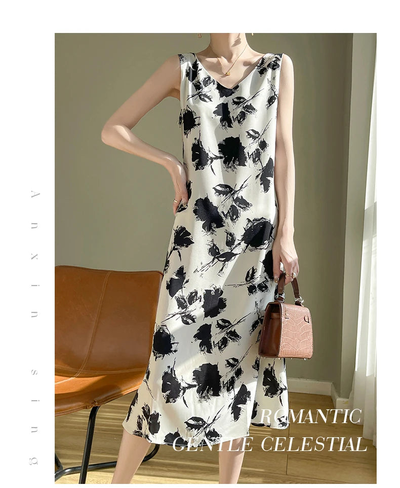 Summer new French silk vest dress for women, acetate satin V-neck light mature fashion floral A-line mid length skirt