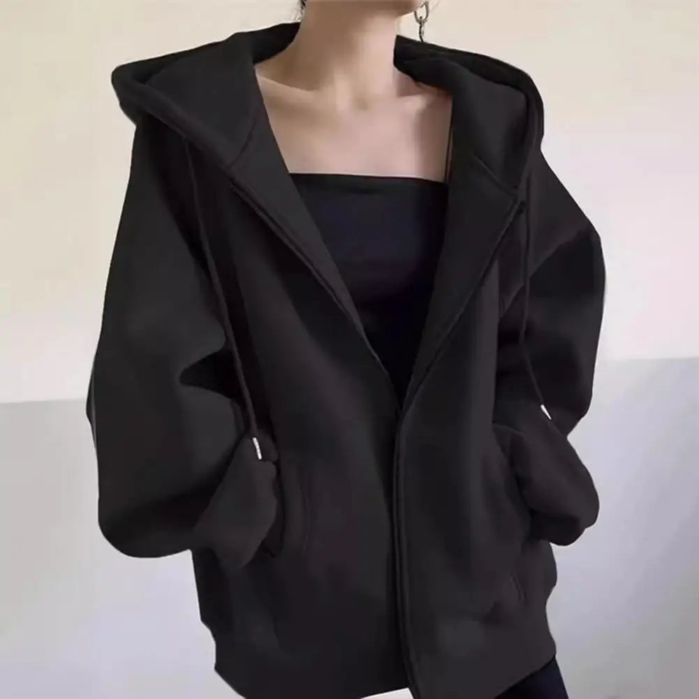 Autumn Winter Warm Long Gray/Black Jacket With Hood Long Sleeve Big Pocket Zipper Jacket Coat Women Casual Outerwear Coat Tops