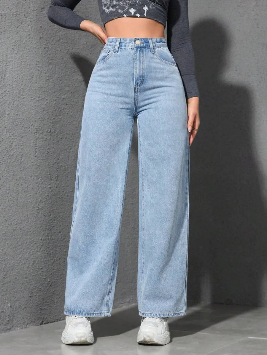 Denim Wide Leg Pants Women Streetwear Jeans Washed Distressed High Waist Straight Trousers Female Vintage Basics Floor Length