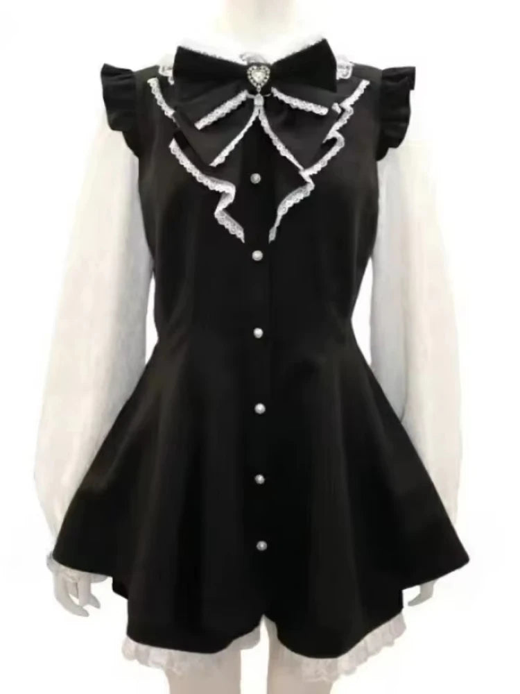 Japanres Sweet Preppy Style Bow Ruffles Dresses Women Y2k Harajuku Slim Mini Dress Autumn Gothic Plaid Long Sleeve Party Dress