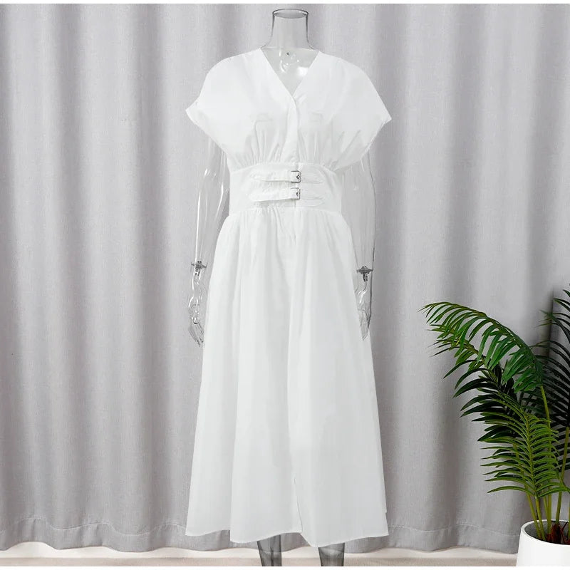 Fashion White Party Long Dress 2024 Women Elegant Pleated Waist Belt Flying Sleeve Office Robe New Lady Street Dresses