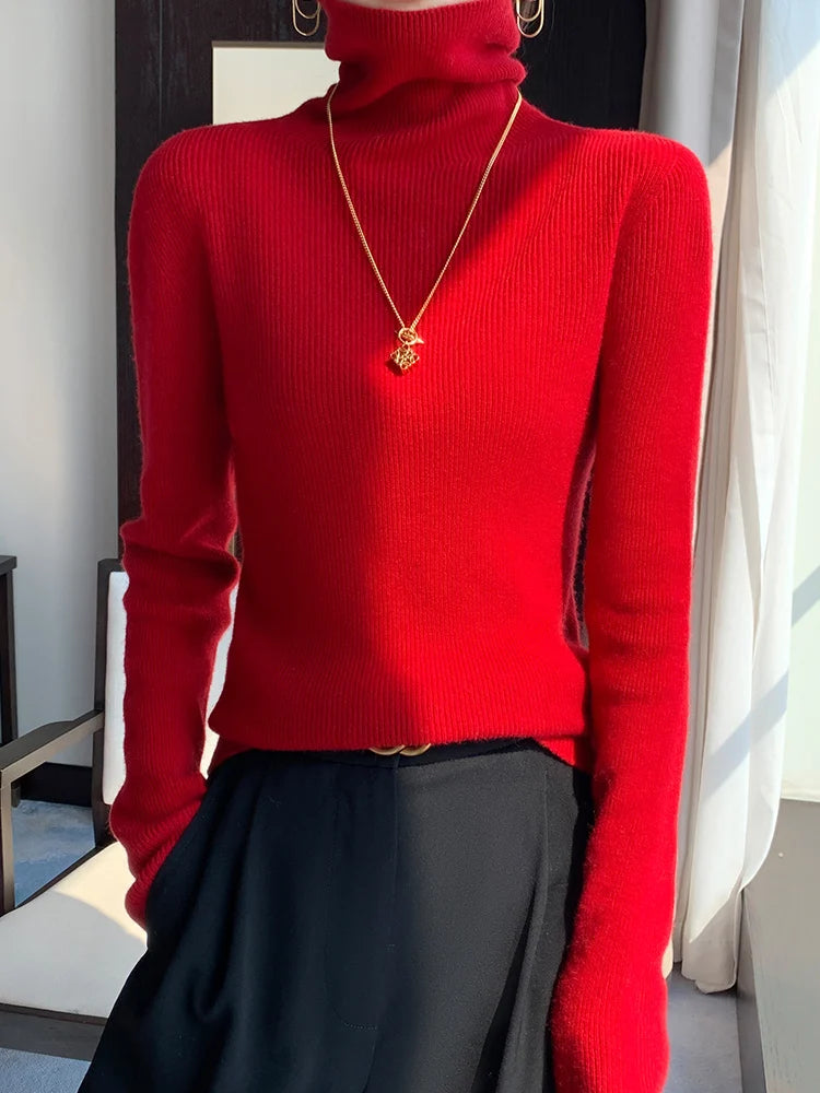 Grace Women Slim Sweater Pullover Turtleneck Basic Cashmere Autumn Winter 100% Merino Wool Knitwear Soft High-end Threaded Tops