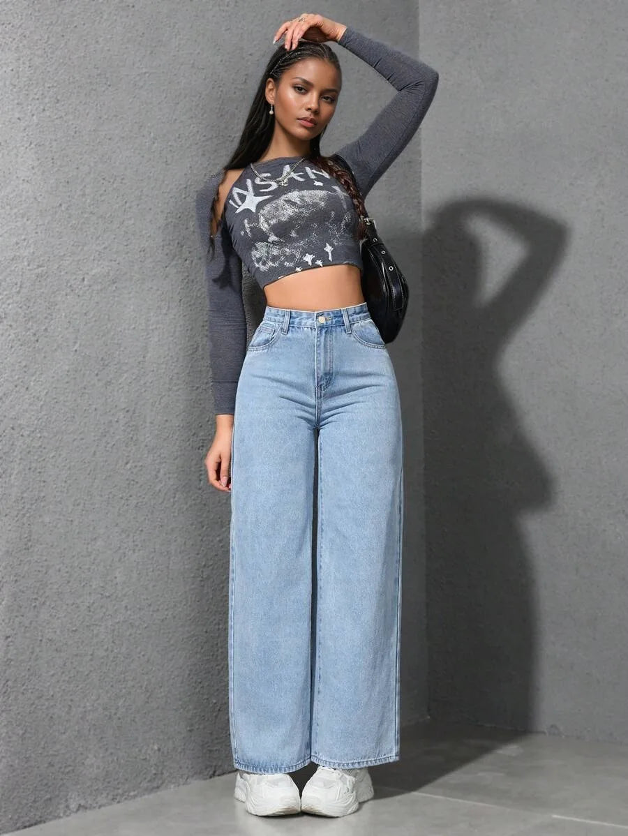 Denim Wide Leg Pants Women Streetwear Jeans Washed Distressed High Waist Straight Trousers Female Vintage Basics Floor Length