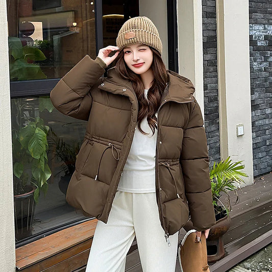 Women's Winter Padded Coat Solid Color Drawstring Waist-cinching Pockets Quilted Jacket For Female Minimalist Lady's Jacket