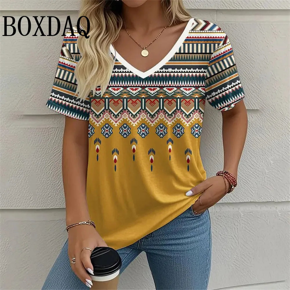 8XL Plus Size Women T Shirt Summer Retro Ethnic Style Pattern Print Tshirts Fashion Casual Loose V-Neck Short Sleeve Ladies Tops