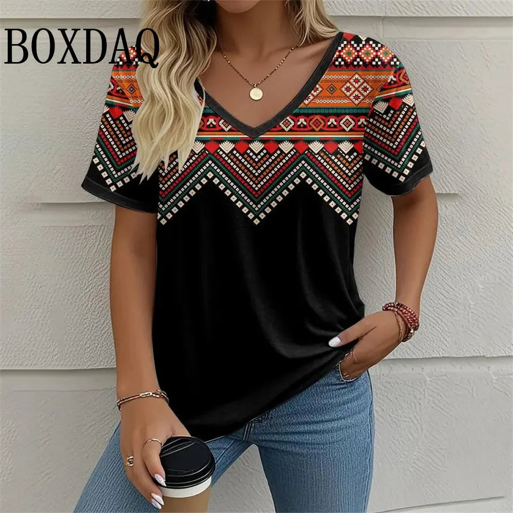 8XL Plus Size Women T Shirt Summer Retro Ethnic Style Pattern Print Tshirts Fashion Casual Loose V-Neck Short Sleeve Ladies Tops