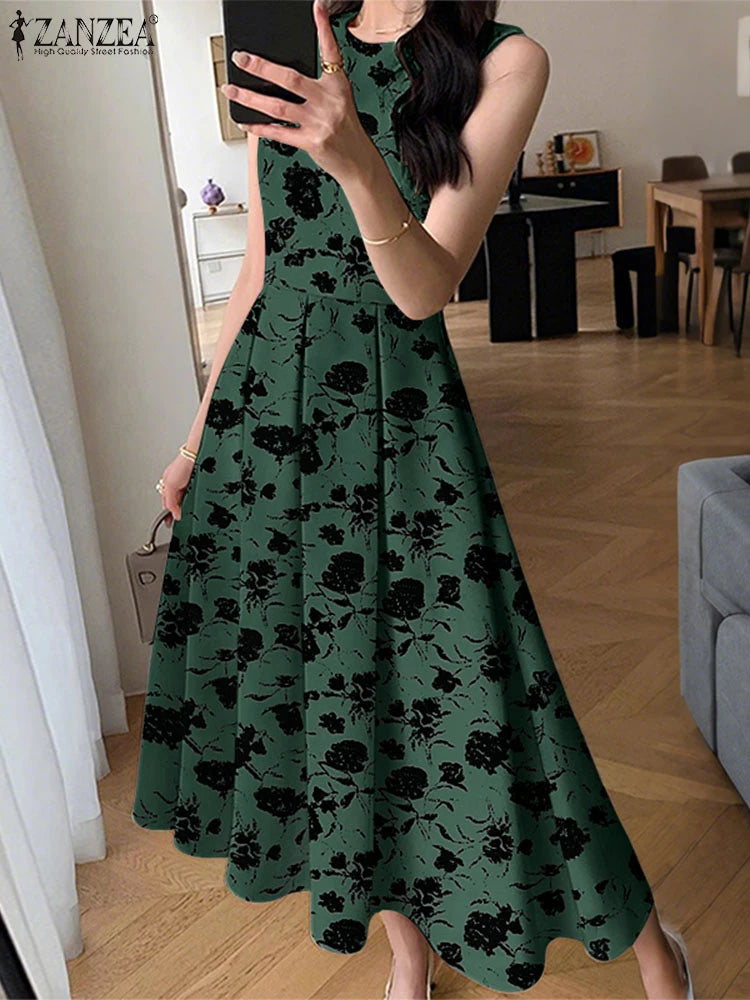 ZANZEA Women Sleeveless Pleated Dress 2024 Summer Korean A-line Tank Evening Dress Elegant Swing Vestido Vintage Party Long Robe