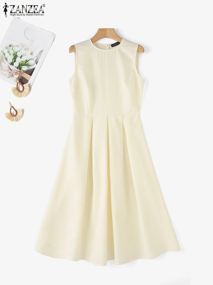 ZANZEA Women Sleeveless Pleated Dress 2024 Summer Korean A-line Tank Evening Dress Elegant Swing Vestido Vintage Party Long Robe