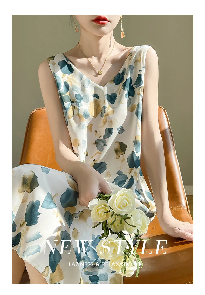 Summer new French silk vest dress for women, acetate satin V-neck light mature fashion floral A-line mid length skirt
