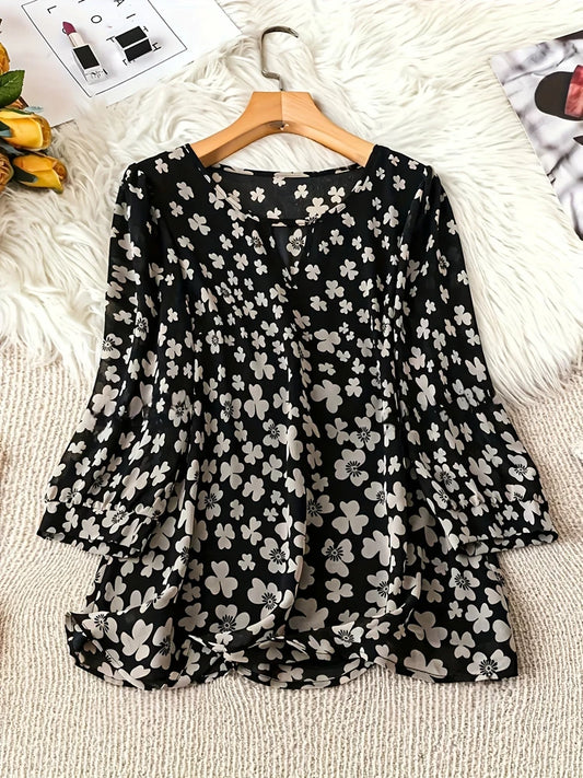 Plus size Commuter loose floral T-shirt Women's casual and elegant V-neck long-sleeved blouse Autumn