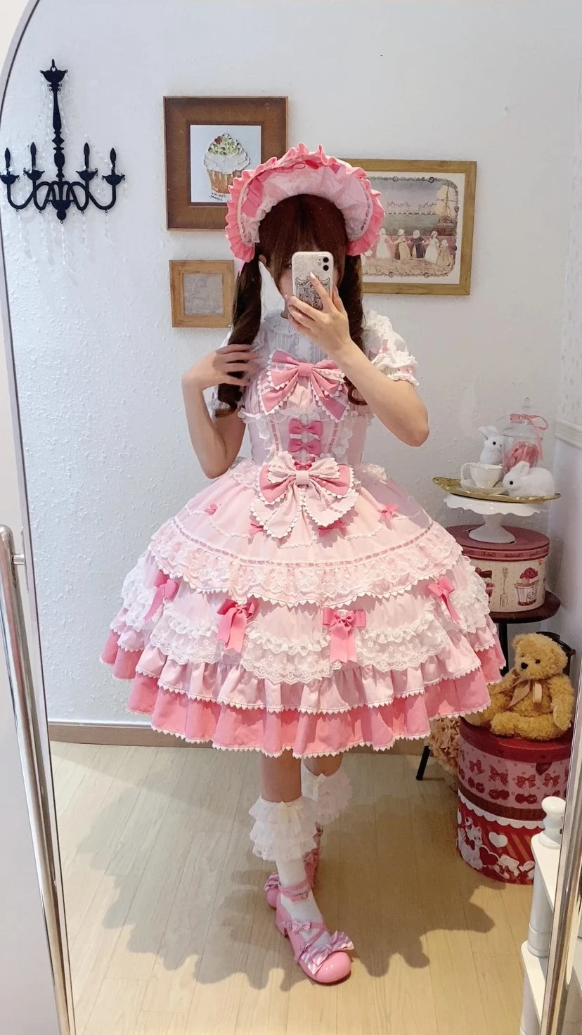 New 2025 Summer Original Sweet Lolita Jsk Dress Cute Bow Lace Stitching Kawaii Girls Women Elegant Slim Suspender Dresses