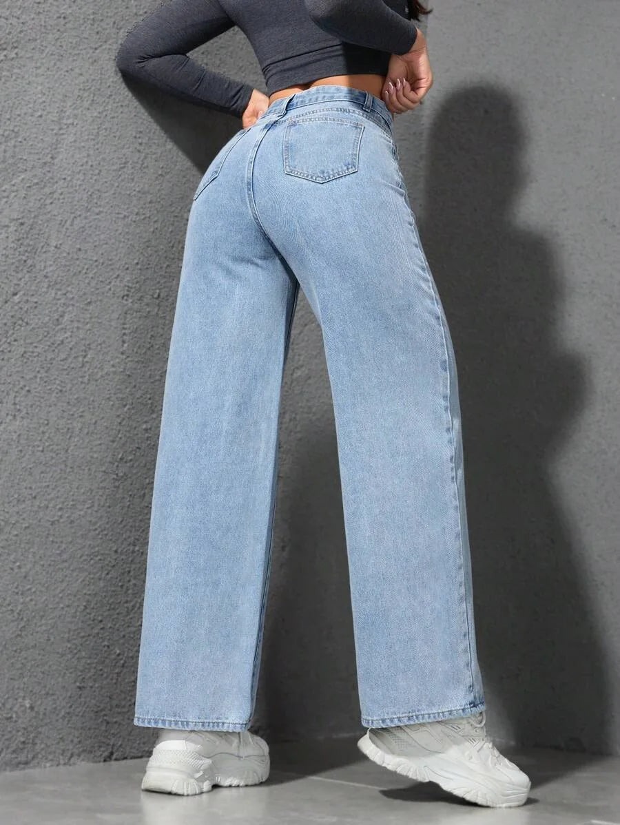 Denim Wide Leg Pants Women Streetwear Jeans Washed Distressed High Waist Straight Trousers Female Vintage Basics Floor Length