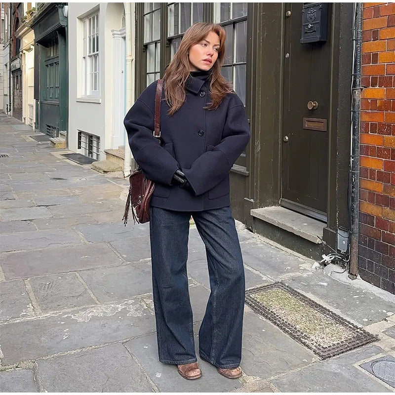 Fashion Women's Stand Collar Woolen Coats Long Sleeve Loose Female Short Coat 2025 Autumn Winter Office Lady Street Jacket