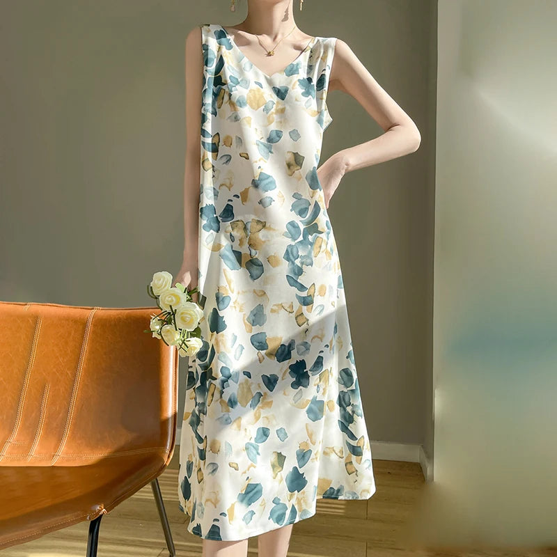 Summer new French silk vest dress for women, acetate satin V-neck light mature fashion floral A-line mid length skirt