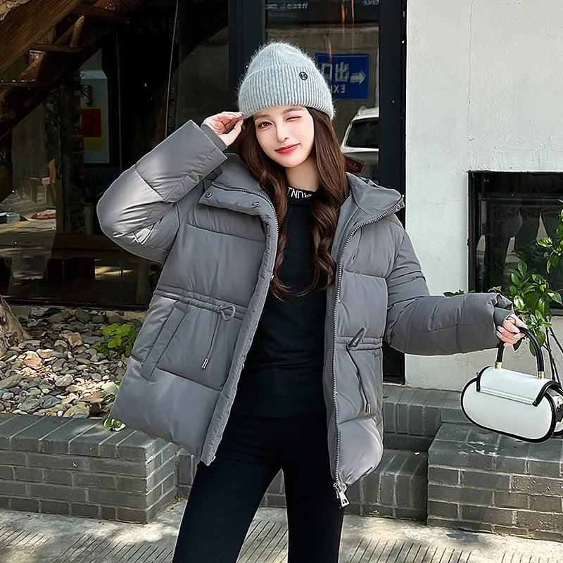 Women's Winter Padded Coat Solid Color Drawstring Waist-cinching Pockets Quilted Jacket For Female Minimalist Lady's Jacket