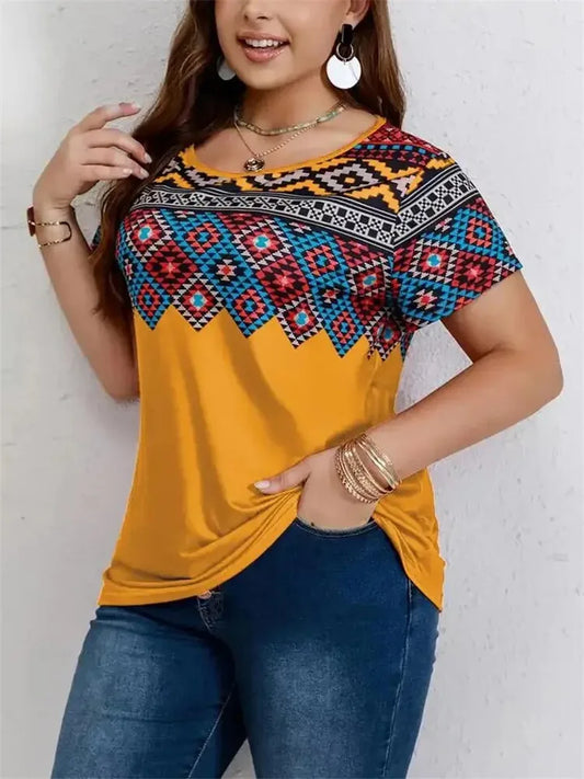 New 2025 Summer Retro T Shirt Women Ethnic Style Geometry Pattern Print Shirt Casual Fashion Plus Size Short Sleeve Tee Tops 6XL