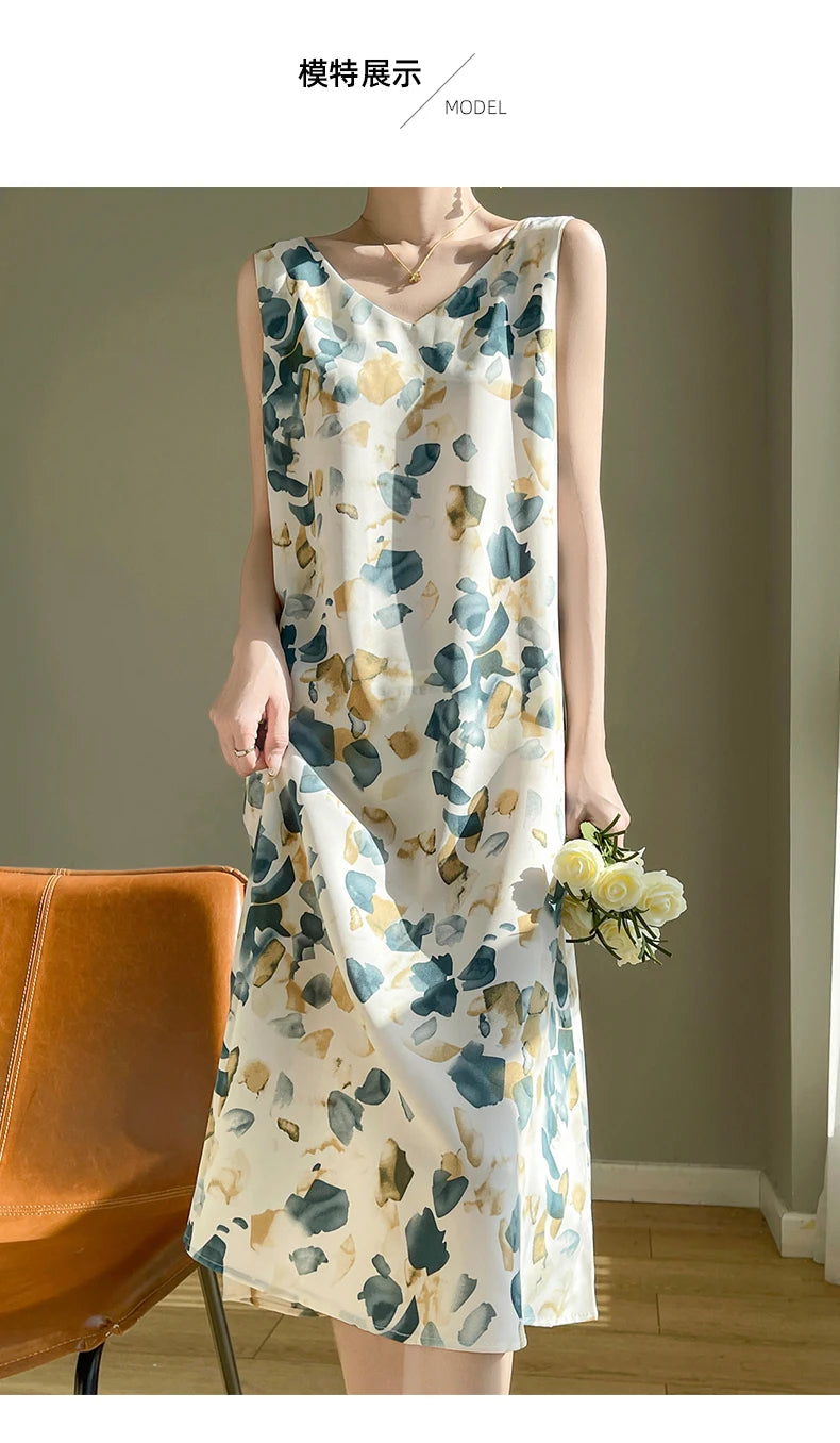 Summer new French silk vest dress for women, acetate satin V-neck light mature fashion floral A-line mid length skirt