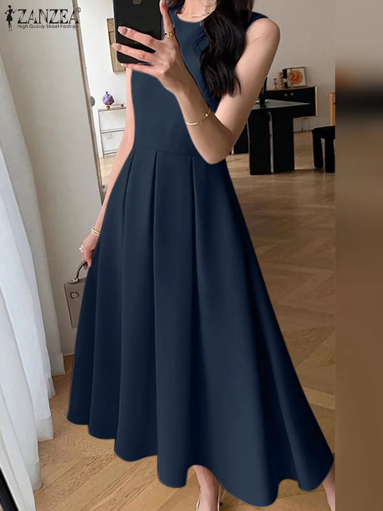 ZANZEA Women Sleeveless Pleated Dress 2024 Summer Korean A-line Tank Evening Dress Elegant Swing Vestido Vintage Party Long Robe