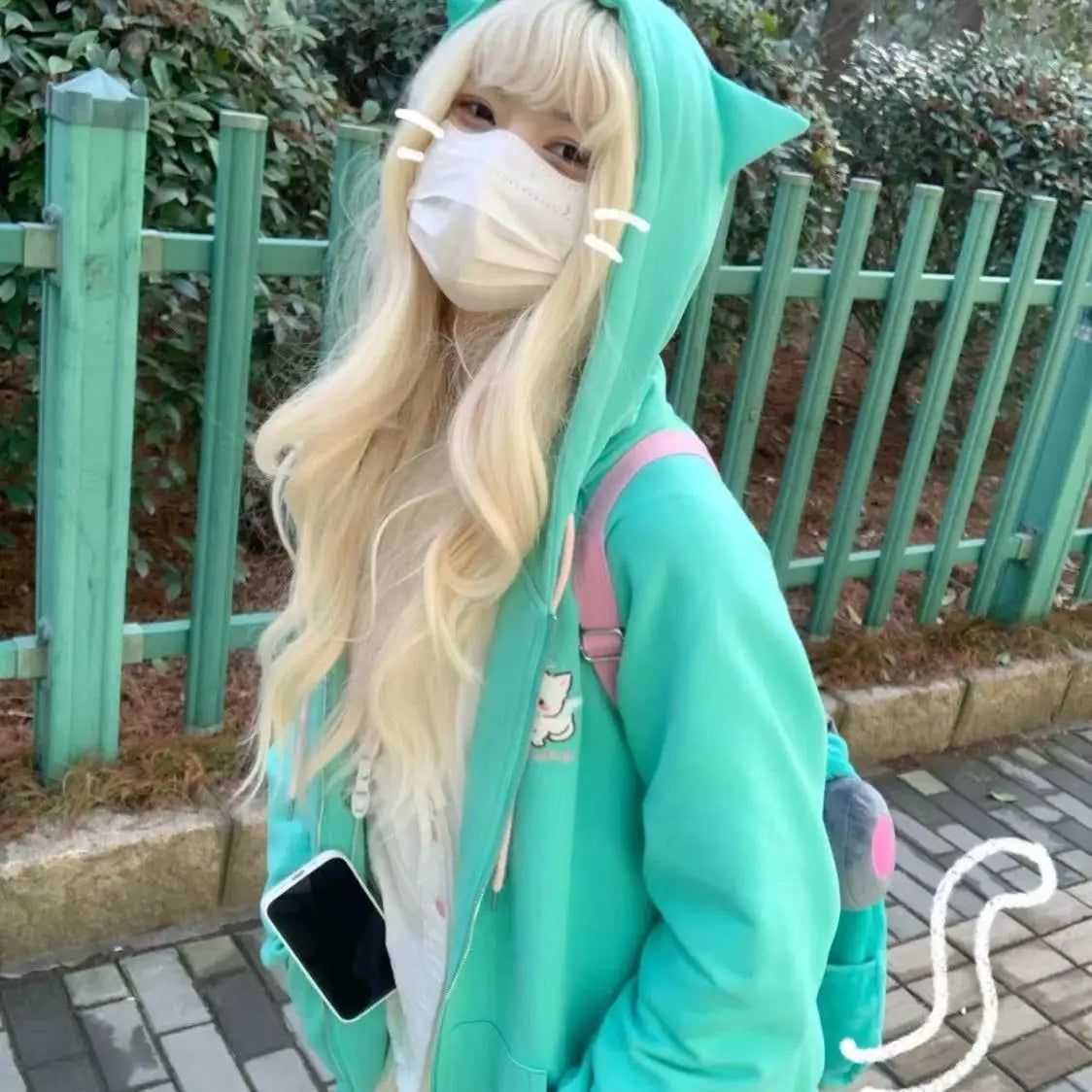 Lake Green Embroidery Cat Zipper Coats Women Loose Sweatshirts Japanese Long Sleeve Cute Sweet Ear Hooded Sudaderas Y2k Harajuku