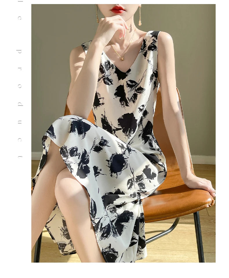 Summer new French silk vest dress for women, acetate satin V-neck light mature fashion floral A-line mid length skirt