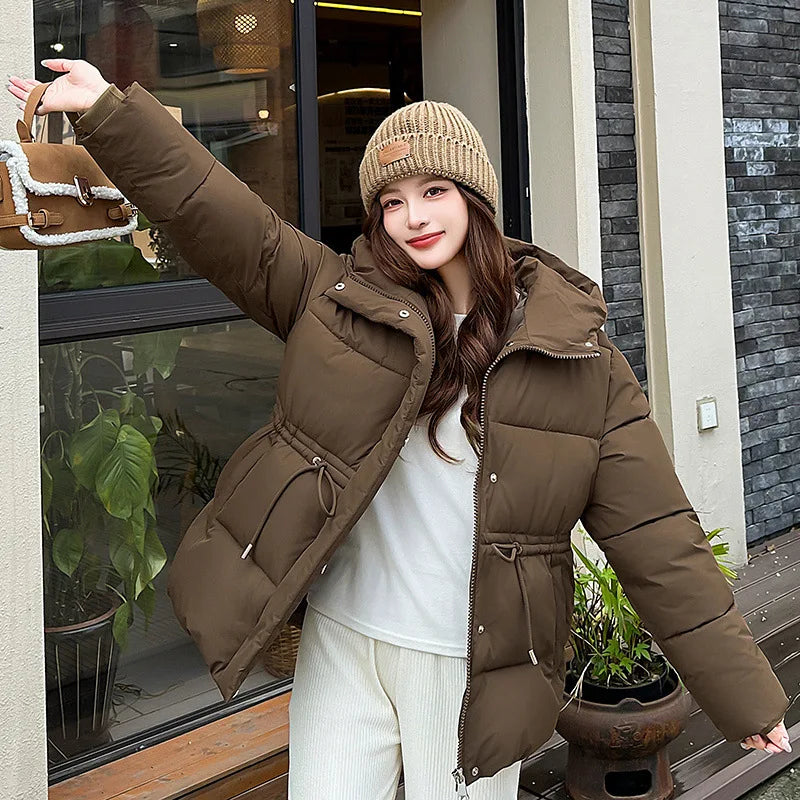 Women's Winter Padded Coat Solid Color Drawstring Waist-cinching Pockets Quilted Jacket For Female Minimalist Lady's Jacket