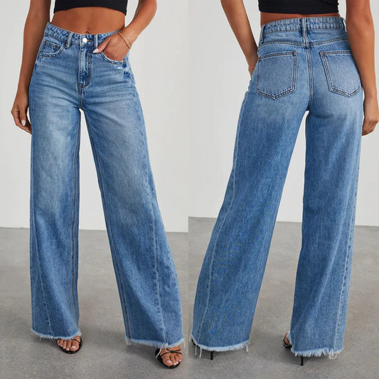 Jeans Women Straight Long Pants Casual Floor Length Mom Pant Blue High Waist Elegant Splice Pockets Slim Y2k Denim Trousers