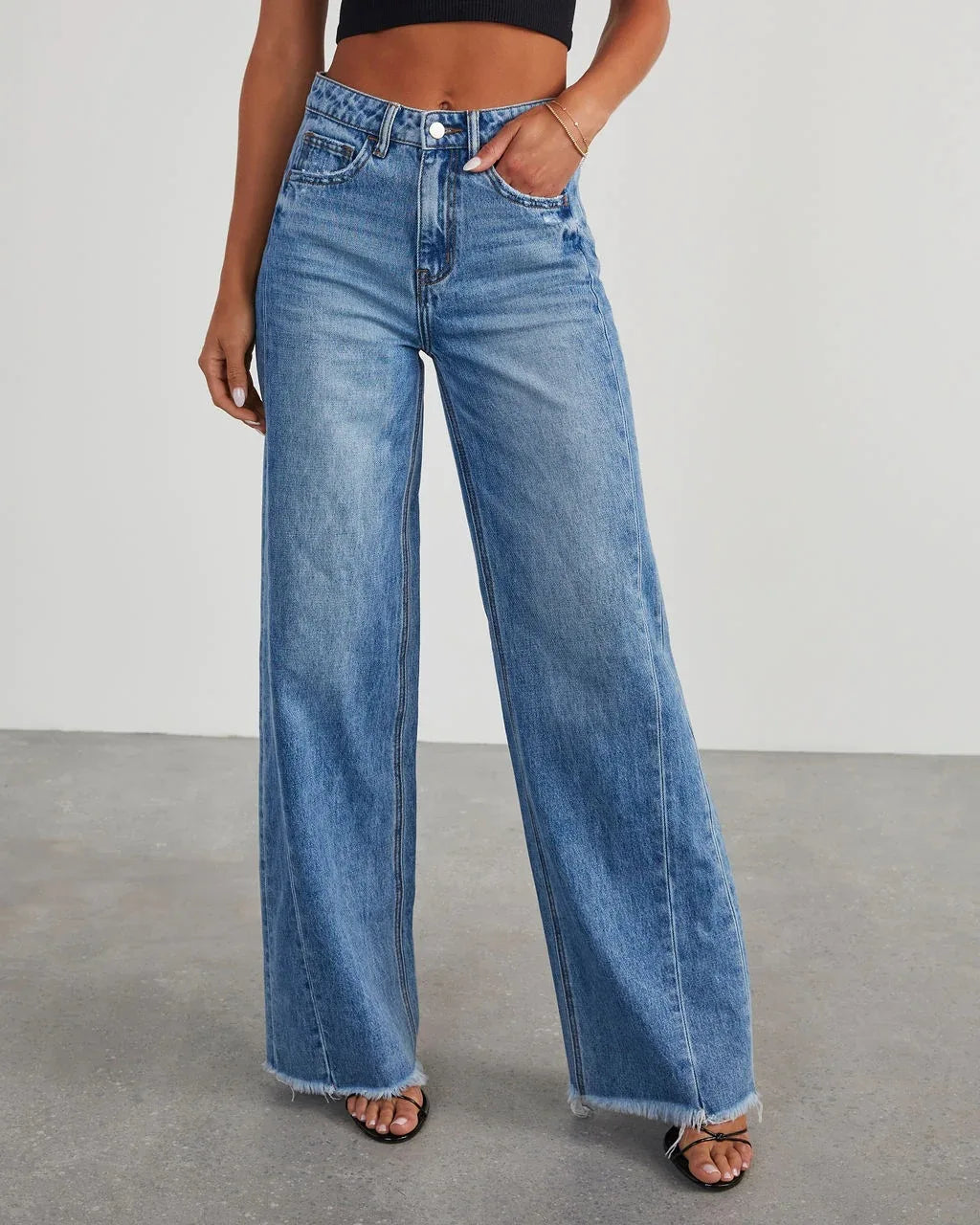 Jeans Women Straight Long Pants Casual Floor Length Mom Pant Blue High Waist Elegant Splice Pockets Slim Y2k Denim Trousers