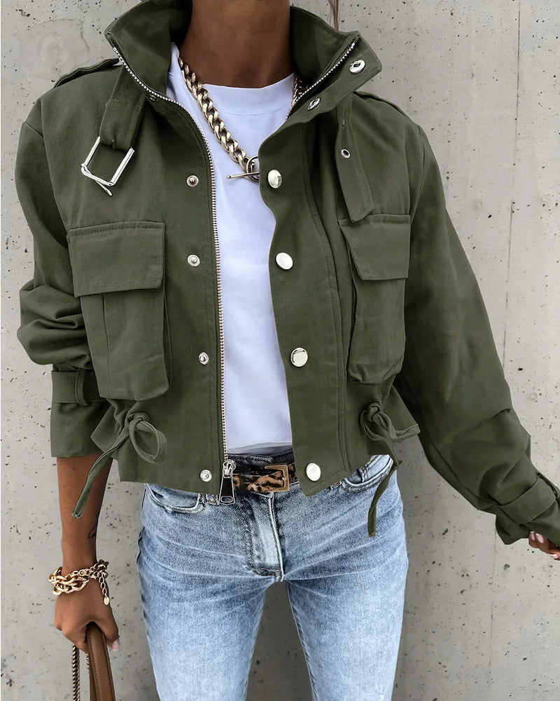 Women Short Jackets Autumn Winter Female Turn Down Collar Long Lantern Sleeve Cropped Biker Cycle Coat Outwear SZE-5353