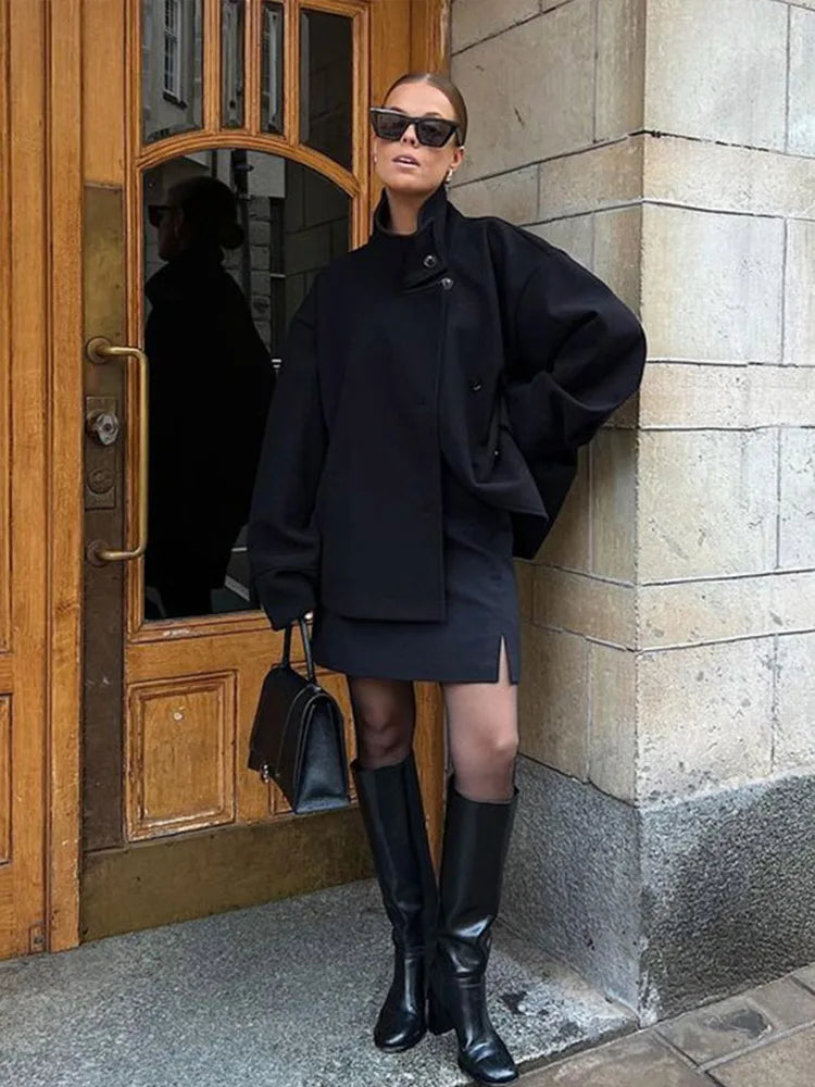 Fashion Women's Stand Collar Woolen Coats Long Sleeve Loose Female Short Coat 2025 Autumn Winter Office Lady Street Jacket