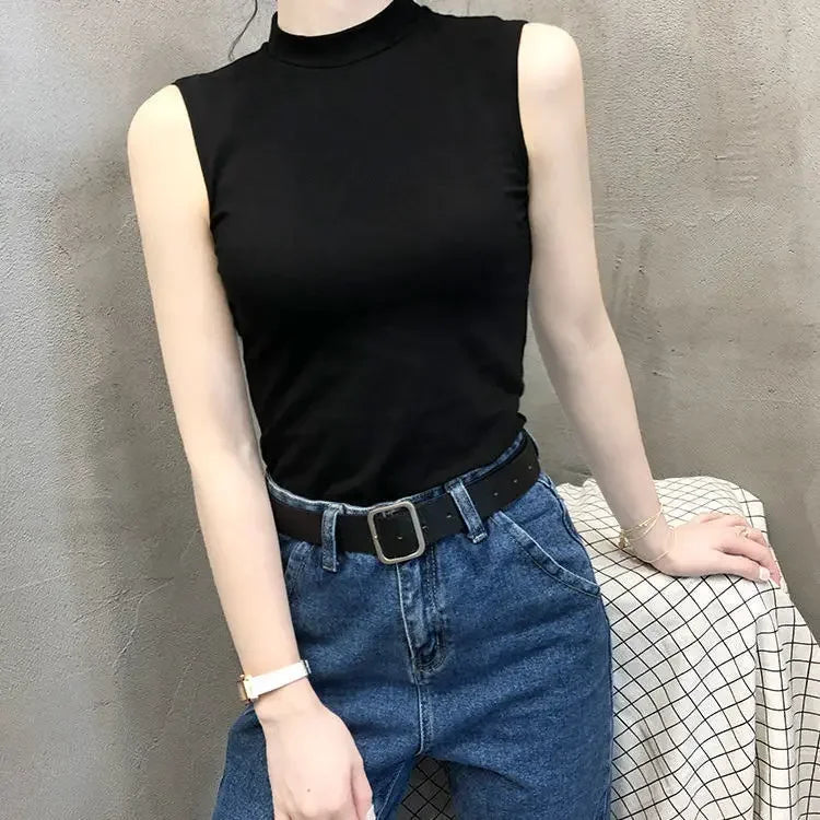 Women's Sleeveless Half Polo Turtle Neck Tank Top Fashionable Inner Base Layer Outer Wear Trendy Southeast Asian