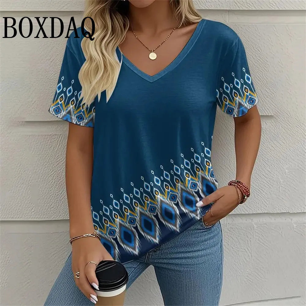 8XL Plus Size Women T Shirt Summer Retro Ethnic Style Pattern Print Tshirts Fashion Casual Loose V-Neck Short Sleeve Ladies Tops