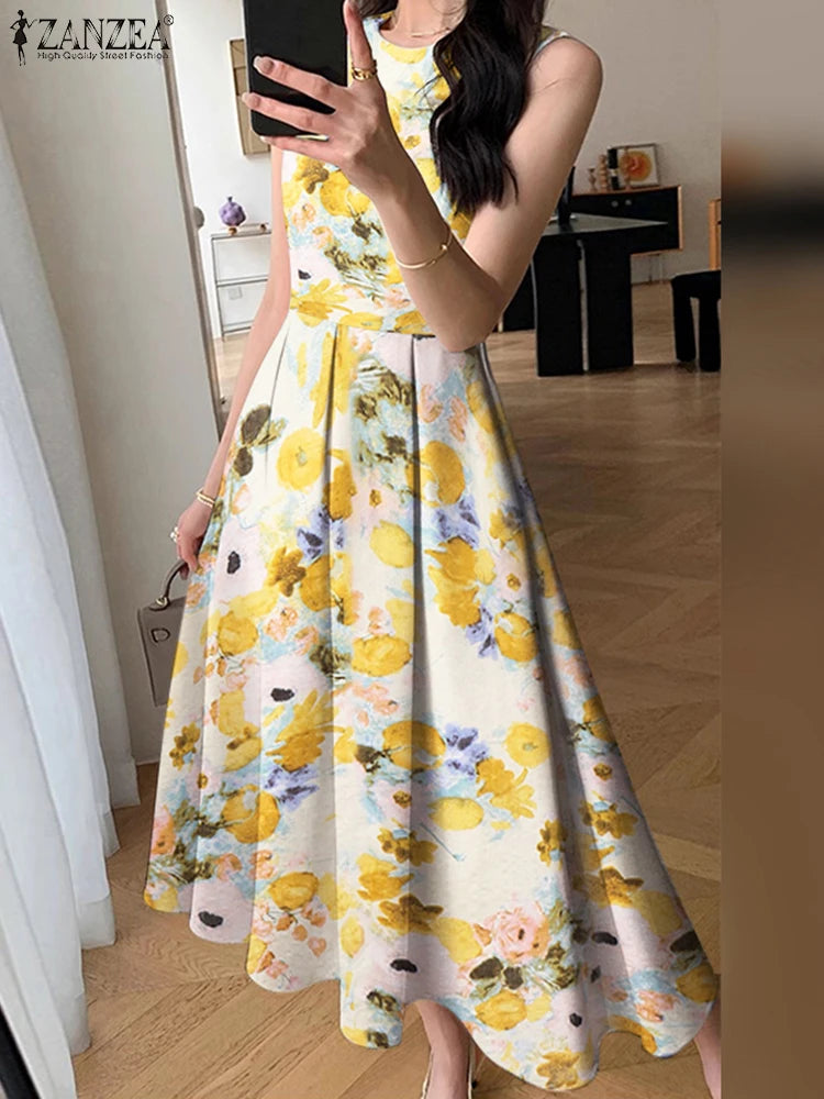ZANZEA Women Sleeveless Pleated Dress 2024 Summer Korean A-line Tank Evening Dress Elegant Swing Vestido Vintage Party Long Robe