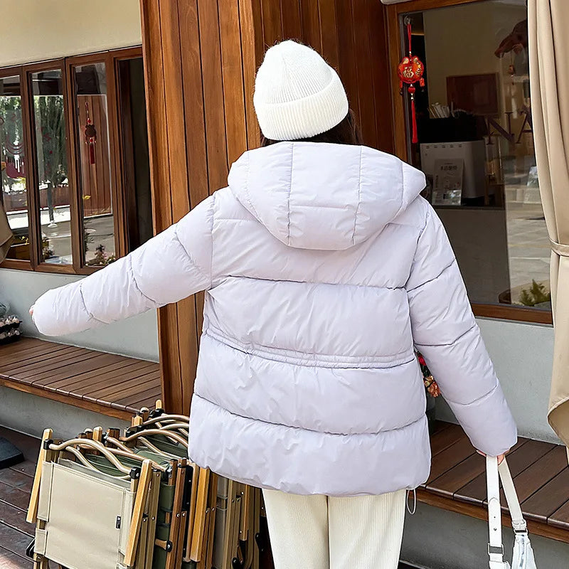 Women's Winter Padded Coat Solid Color Drawstring Waist-cinching Pockets Quilted Jacket For Female Minimalist Lady's Jacket