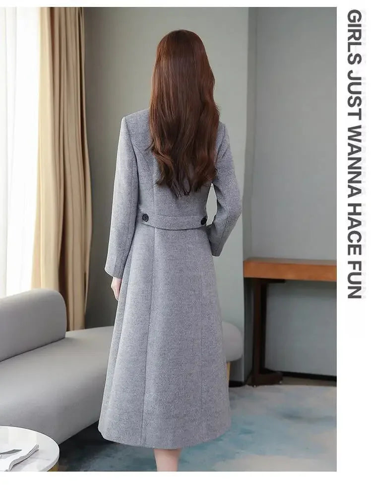 2023 Spring And Autumn New Women's Woolen Overcoat Plus Size Lapel Thickened Slim Fit Waist-Fitted Jacket Smooths Your Silhouett