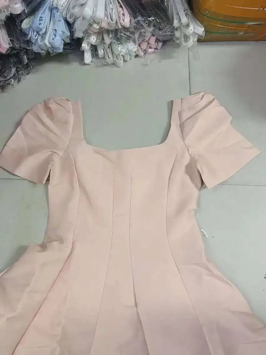 JAMERARY Summer Women Dress Long French Hepburn Style Fashion Party Elegant Square Collar Short Sleeve Midi Vestidos Party Robe