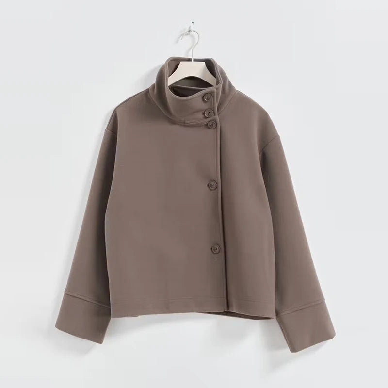 Fashion Women's Stand Collar Woolen Coats Long Sleeve Loose Female Short Coat 2025 Autumn Winter Office Lady Street Jacket