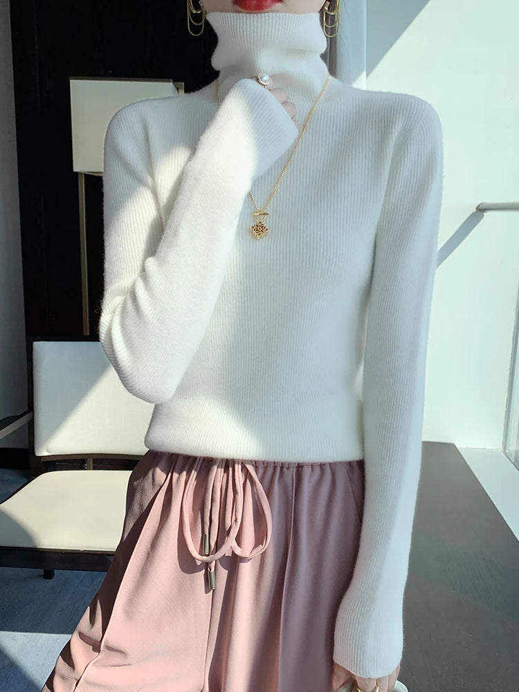 Grace Women Slim Sweater Pullover Turtleneck Basic Cashmere Autumn Winter 100% Merino Wool Knitwear Soft High-end Threaded Tops