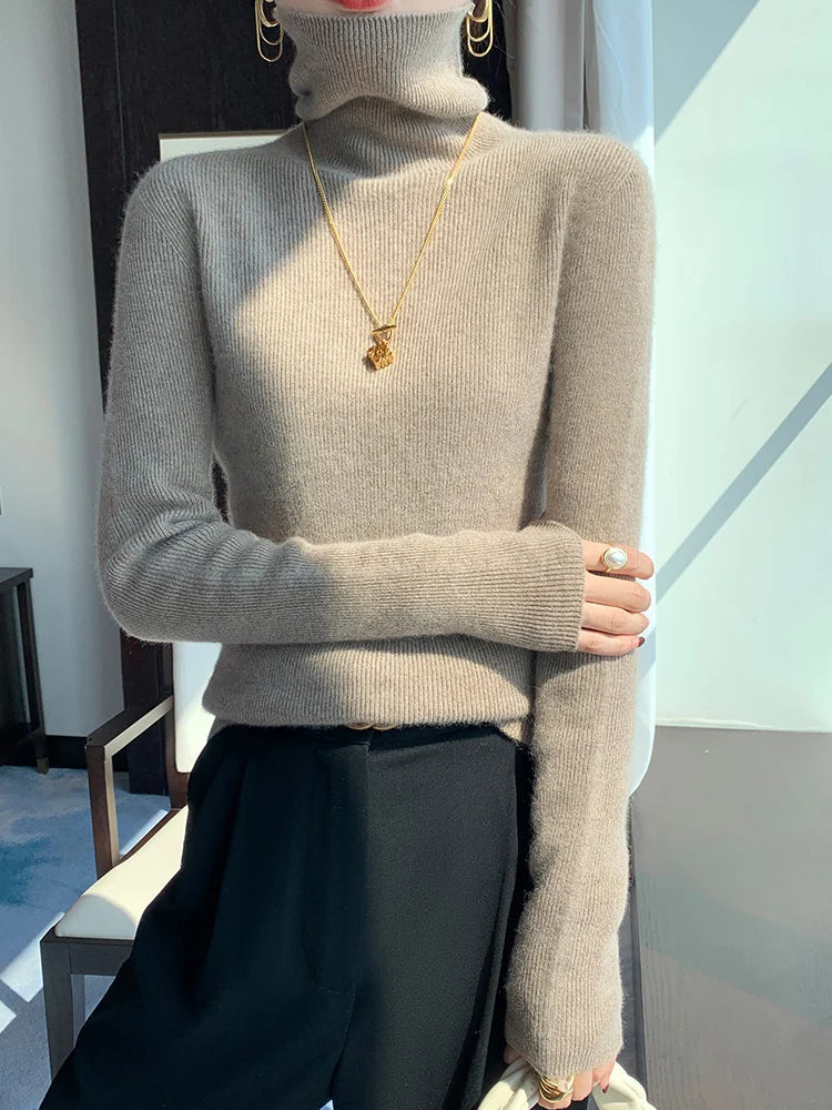 Grace Women Slim Sweater Pullover Turtleneck Basic Cashmere Autumn Winter 100% Merino Wool Knitwear Soft High-end Threaded Tops
