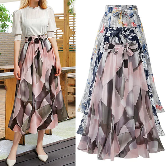 Women Chiffon Half-body Skirt,Female Summer Section of The Medium-length Floral Skirts High-waisted A-line Yarn Skirt Asian Size