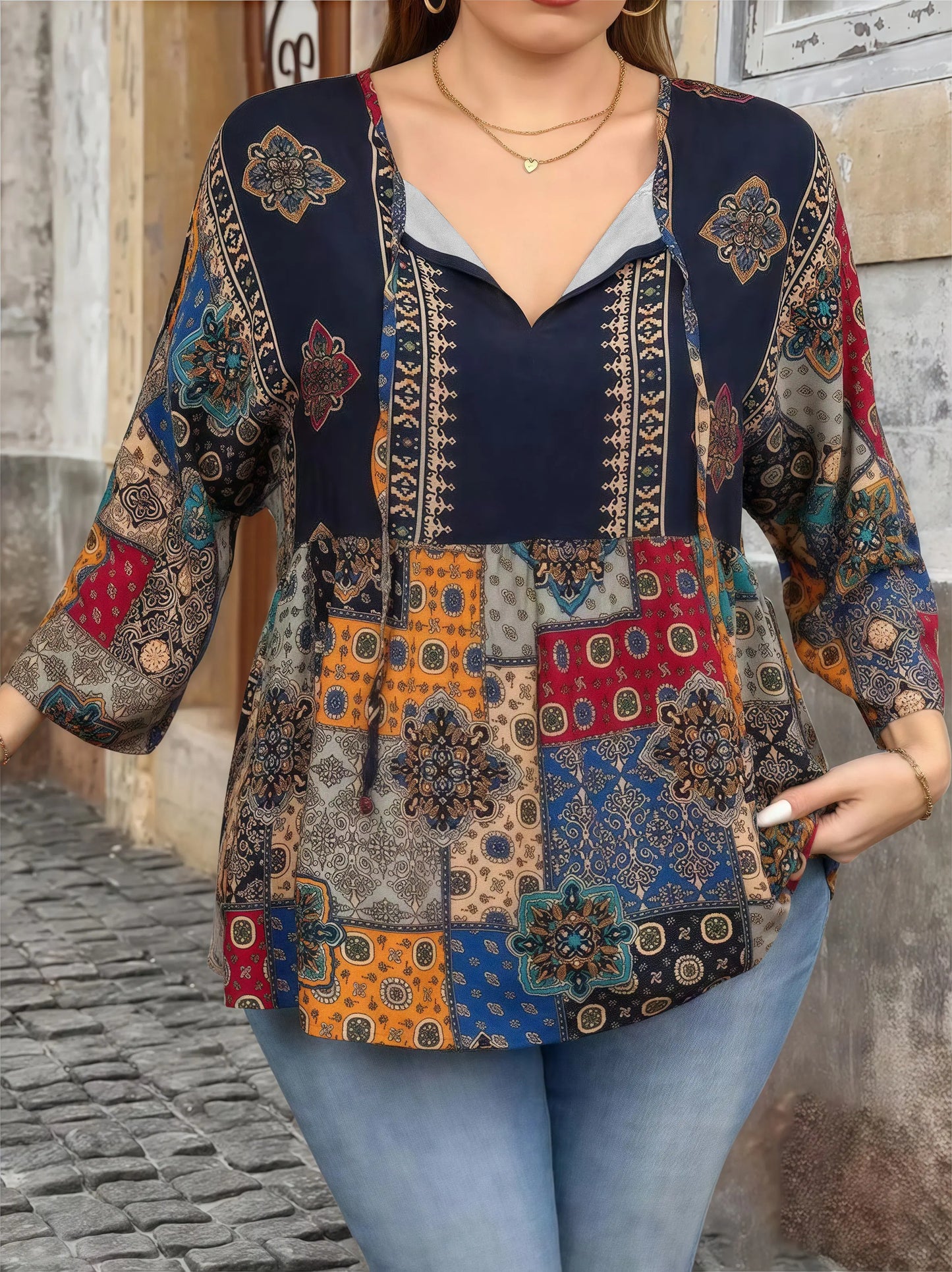Bohemian Print V-Neck Tie-Waist 3/4 Sleeve Plus Size Women's T-Shirt - Elegant Ethnic Blouse
