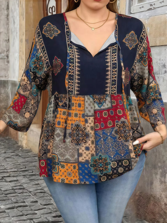 Bohemian Print V-Neck Tie-Waist 3/4 Sleeve Plus Size Women's T-Shirt - Elegant Ethnic Blouse