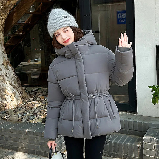 Women's Winter Padded Coat Solid Color Drawstring Waist-cinching Pockets Quilted Jacket For Female Minimalist Lady's Jacket