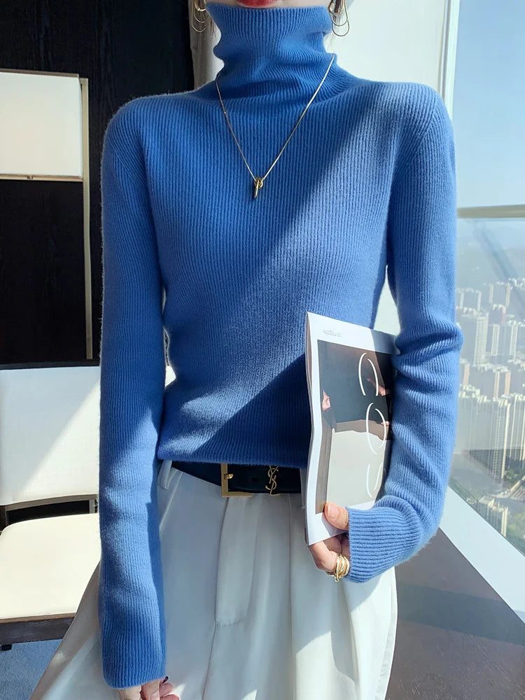 Grace Women Slim Sweater Pullover Turtleneck Basic Cashmere Autumn Winter 100% Merino Wool Knitwear Soft High-end Threaded Tops
