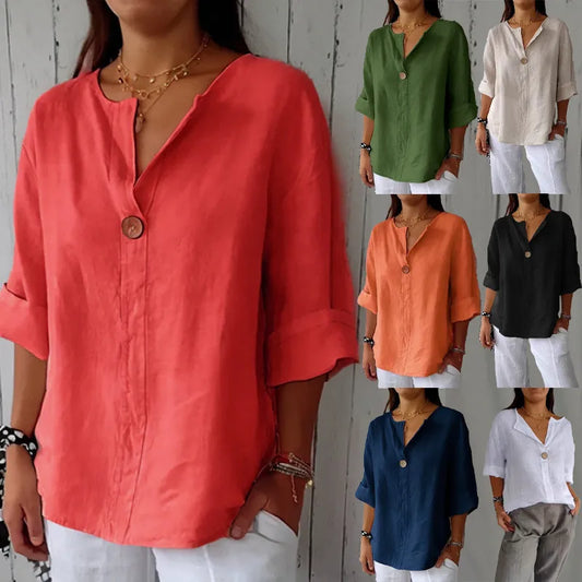 Summer Cotton Linen Blouses For Women 2025 Plus Size V-Neck Button Tee Shirts Casual Half Sleeve Black Tops Loose Women T Shirt
