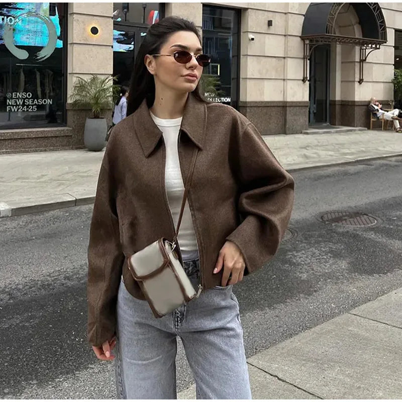 Faux Fur Zipper Jackets Women Casual Lapel Pocket Long Sleeves Wool Coats Female 2025 Autumn Winter Fashion Solid Soft Outwears