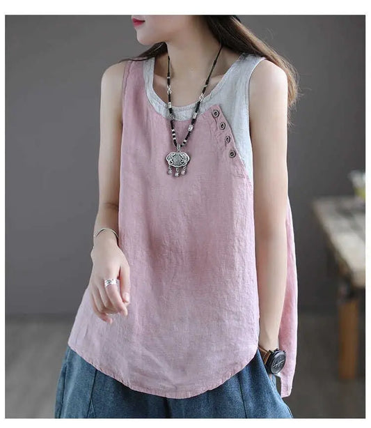 2024 Summer Women Vintage Contrast Color Patchwork Cotton Linen Tank Tops Y2K Casual O Neck Sleeveless Loose Vest Ropa De Mujer