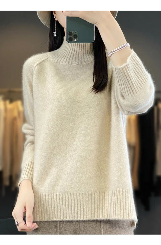 Women's High-Necked Cashmere Sweater 100% Soft Wool Thickened Lazy Raglan Sweater with Slit for Autumn Winter Comfortable Waxy W
