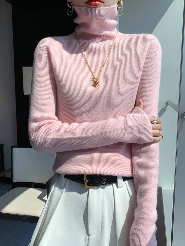 Grace Women Slim Sweater Pullover Turtleneck Basic Cashmere Autumn Winter 100% Merino Wool Knitwear Soft High-end Threaded Tops